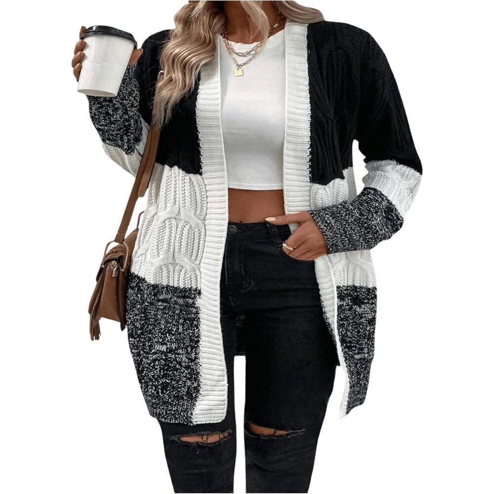 Women's Plus Size Color Block Cardigan Open Front Long Sleeve Casual Sweater